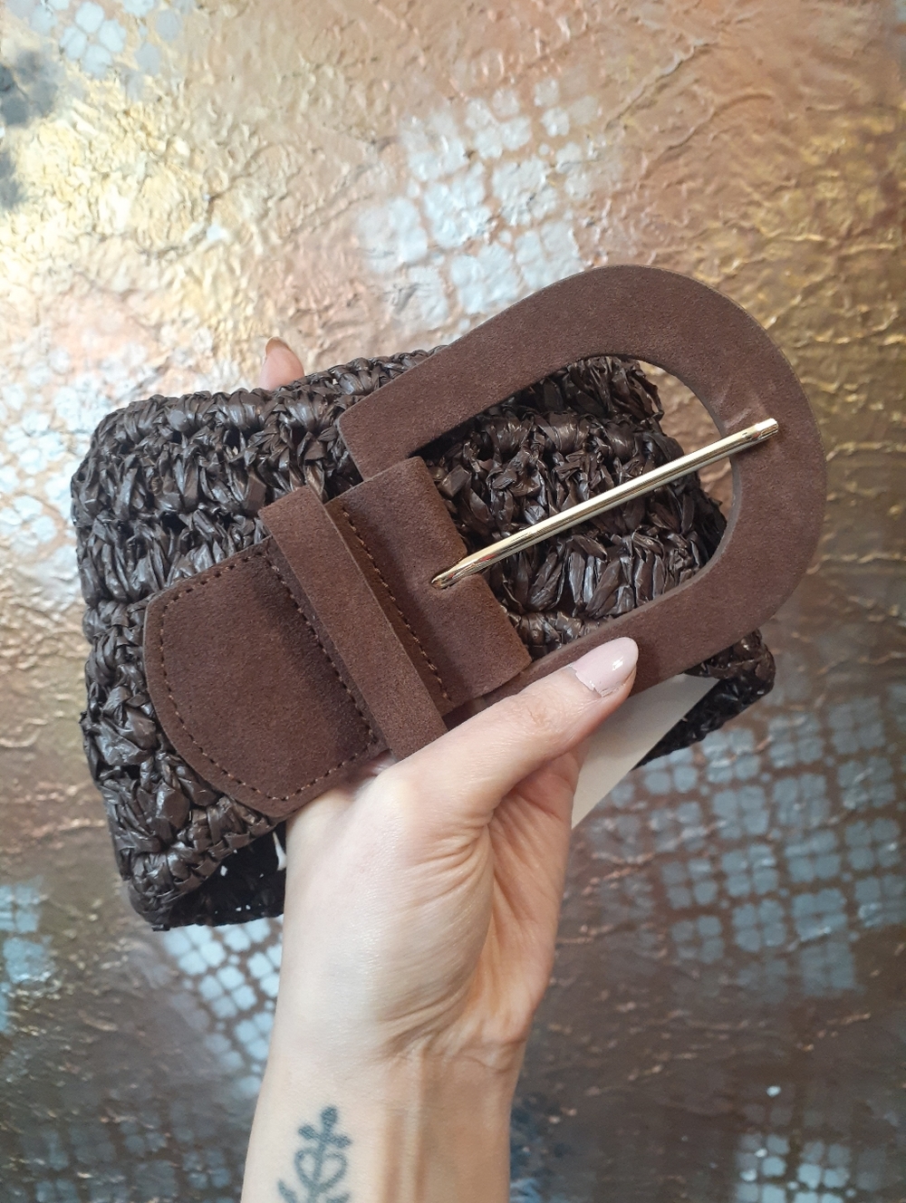 Zara Nwt Woven Brown Statement Belt with Suede Buckle